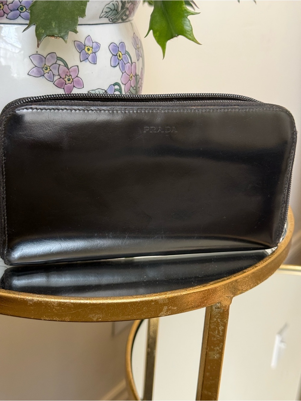 Prada Black Spazzolato Patent Leather Continental Zip Wallet Vintage